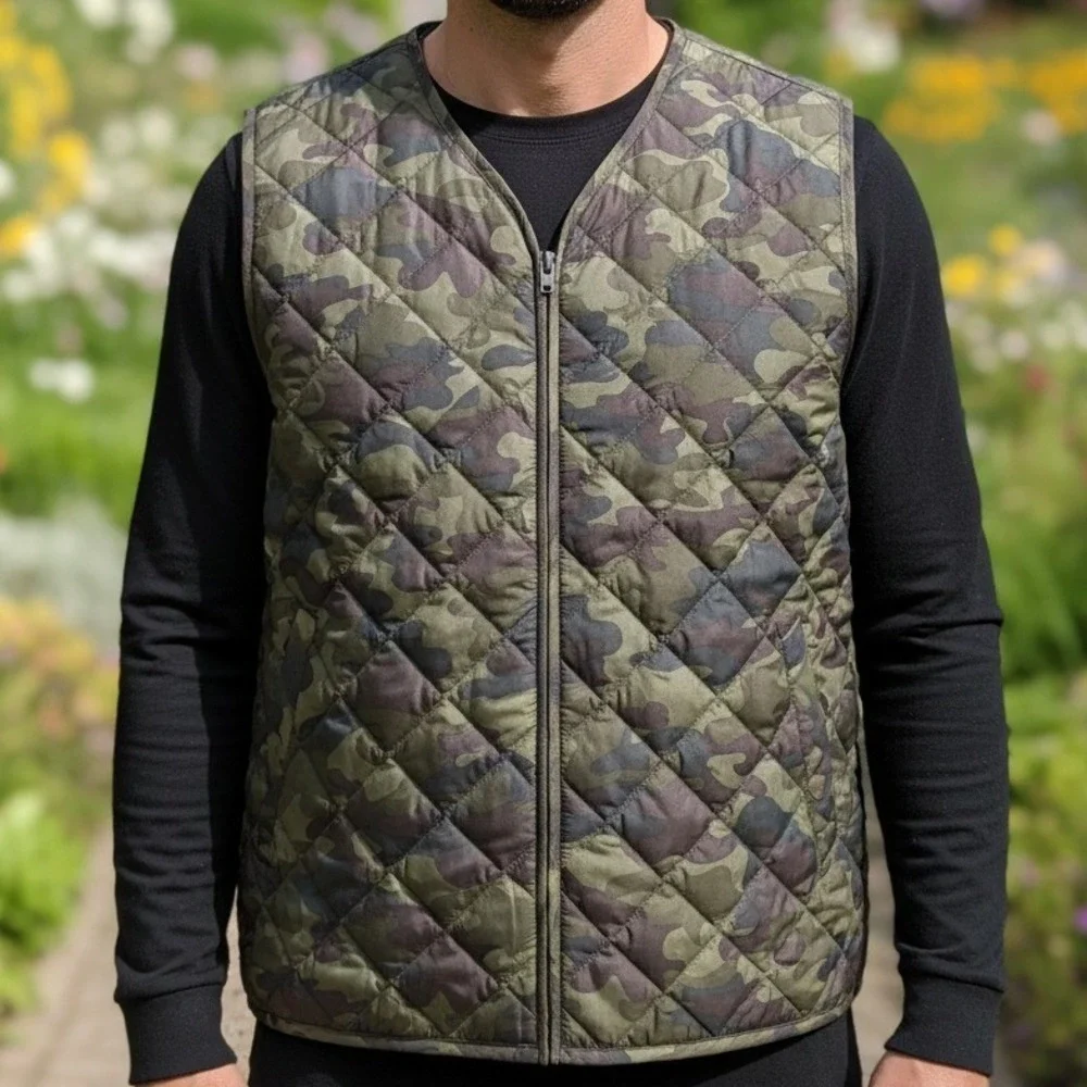 Tommy Hilfiger Mens Quilted Camouflage Full Zip Vest Olive Green Camo XL‎